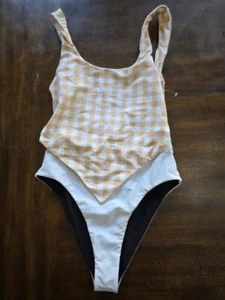 NWOT Lovers + Friends S Peach Checked Gingham White Yellow 1 PC Swimsuit 125071 - Picture 1 of 2