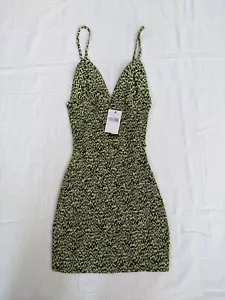 NWT AFRM Lesley Smock Detail Crepe Mini Dress XS Limelight Leopard - Picture 1 of 6