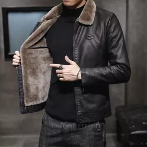 Giacca pelle PU uomo business pile tempo libero tinta unita casual cerniera cappotto - Foto 1 di 27