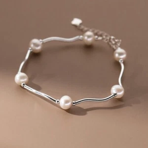 Fashion Woman s925 Sterling Silver Pearl Tube Bangle Bracelet 18.5cm - Picture 1 of 4