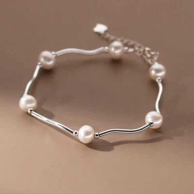 Fashion Woman s925 Sterling Silver Pearl Tube Bangle Bracelet 18.5cm - Image 1 of 4