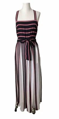 VESTIDO W by Worth Talla 6 Blanco Negro Rojo Rayas Forrado Maxi Entrecruzado Corbata Cinturón Foto 1 de 4