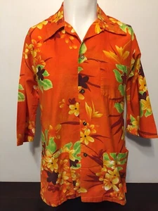 Vintage 1960s Kimos Polynesian Orange Hawaiian Shirt M 3/4 Sleeves Tiki Aloha - Picture 1 of 8