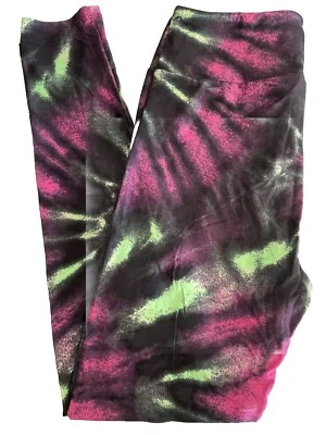 NWT LuLaRoe OS (2-10) Black Neon Pink Green Purple Tie Dye Leggings - Image 1 of 4
