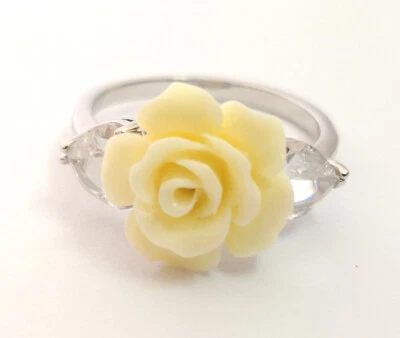 Cream White Synthetic Coral Carved Rose Flower Silver Crystal Ring Size: 6.7.8.9 - Image 1 of 4
