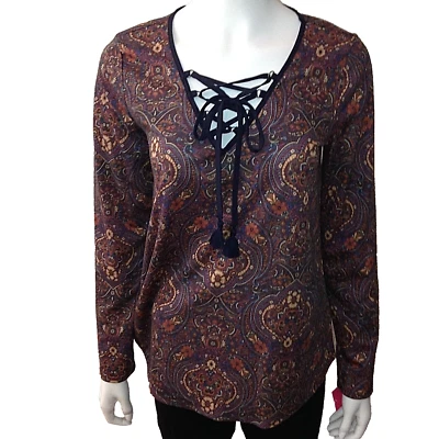 Xhilaration Knit Top Size Medium Womens Lace Up Long Sleeve Paisley Boho Hippie - Image 1 of 4