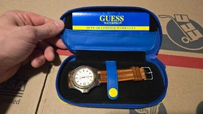 VINTAGE Guess Waterpro Wrist Watch BOXED With Case Leather Band Silver White CIB - Image 1 of 4