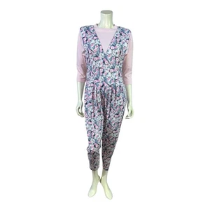 Vintage 90s Long-Sleeve Floral Playsuit Romper with Faux Pink Shirt - Size 5 - Picture 1 of 16