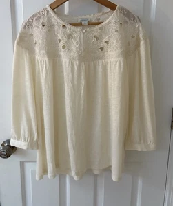 Sundance Lace Blouse Top Women’s Large Cream Ivory Boho Peasant 3/4 Sleeve - Picture 1 of 13