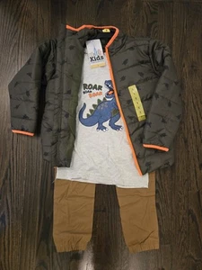 kids headquarters Boys 5 Puffer Long Sleeve Hooded Shirt Chino Pants Lot Set 3pc - Picture 1 of 4