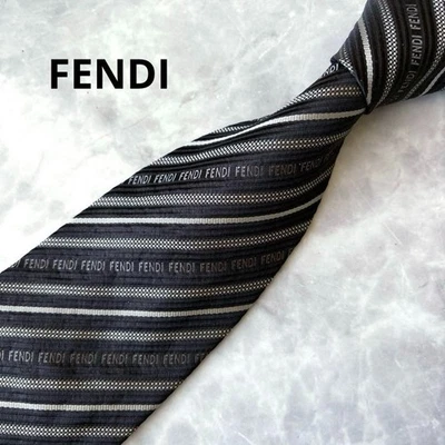 Corbata de seda FENDI vintage negra plateada diagonal a rayas logotipo jacquard Italia 4,0" Foto 1 de 4