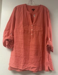 Nwt Talbots 3X Coral 100% Pure Linen Long Sleeve Pullover Camp Shirt - Picture 1 of 2