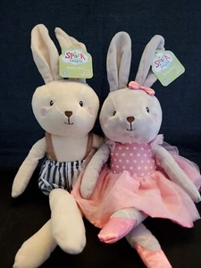 2 Bunny Stuffed Animals 12.5” Easter Toy Rattle Set of 2 Bunnies Boy & Girl - Picture 1 of 12