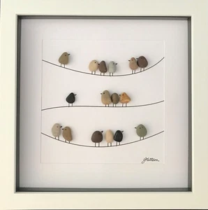 Pebble Art Picture Bird Family Gift White Frame 8" x 8" Square - Picture 1 of 1