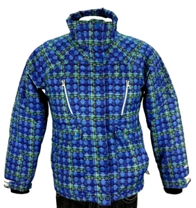 Obermeyer Girls Snowboard Coat Juniors 16 Blue Plaid Geometric Hooded Ski - Picture 1 of 9