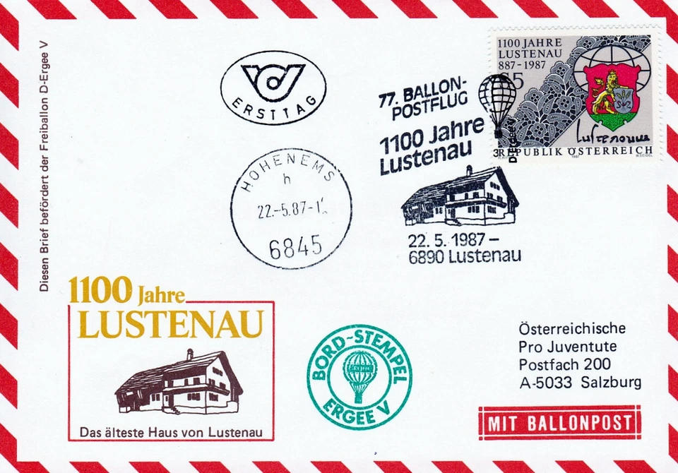 BPÖ_030 Österreich: 77. Ballonpost 22.05.1987 - 1100 Lustenau =  Hohenems - Bild 1 von 1