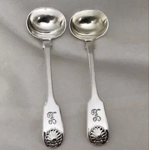 1845 Newcastle Assay Solid Silver Pair Fiddle & Shell Pattern Large Salt Spoons. - Picture 1 of 9