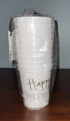 Happy Birthday, 16oz Plastic Cups, NWT, Set Of 10, Gold On White - Image 1 of 4