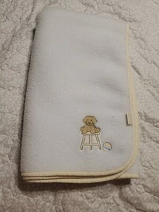 Vintage Carters White Fleece Baby Blanket Embroidered Puppy Dog Yellow Trim USA - Picture 1 of 6