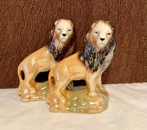 Two Mid Century 7” Handpainted Lusterware LION Figurines, Made in Brazil - Picture 1 of 7