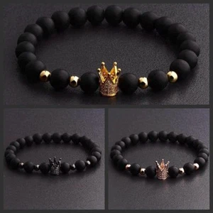 Gorgeous Crown Natural Stone Matte Black Charm Men's CZ Copper Bead Bracelet - Picture 1 of 73