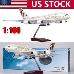 18.5 inch Etihad Airways Airbus A380 Airplane Model Ornament W/ LED Lamp Wheel - Picture 1 of 12