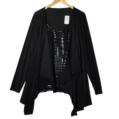Cárdigan drapeado adornado con lentejuelas negras Colleen Lopez para mujer talla 1X Foto 1 de 4