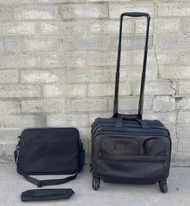Tumi Alpha Black Leather 4 Wheeled Carry-On Spinner Briefcase Luggage Expandable - Picture 1 of 24