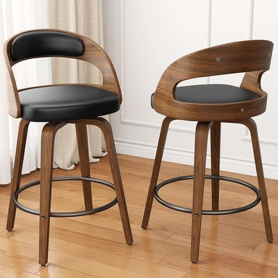 Set of 2 Black PU Leather Bar Stools, 26" Counter Height with Back & Footrest - Image 1 of 4