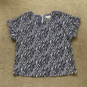 Melloday Navy Blue White Zebra Animal Print Top Size Medium Cap Sleeve Zipper - Picture 1 of 8
