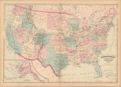 1872 Asher & Adams United States of America antique map 24.4" x 17.5 nice color - Image 1 of 4