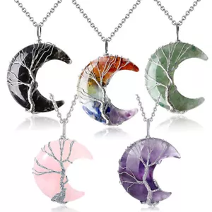 Crescent Moon Shape Gift Wire Wrap Necklace Stone Chakra Natural Crystal Pendant - Picture 1 of 18
