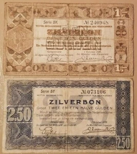 NETHERLANDS LOT OF TWO BANKNOTES 1 & 2.5 SILVERBON 1938 CIRCULATED NO RESERVE - Picture 1 of 6