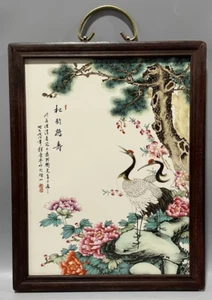 Large Chinese Old Hand Painting Pine Crane Longevity Porcelain panel painting - Picture 1 of 9