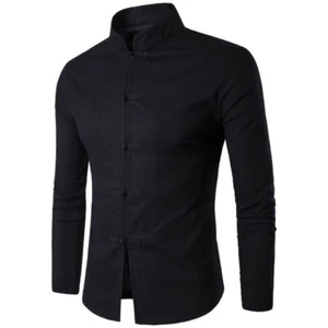 Camisa estilo chino para hombre ajustada cuello alto blusas top lino vestido informal - Imagen 1 de 13