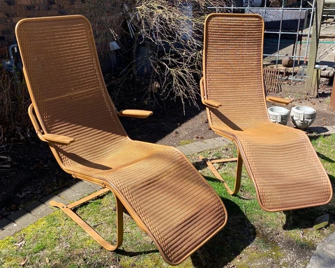 Pair MCM Lloyd Flanders Bay Breeze Perma Wicker Spring Base Lounge Chairs Cover