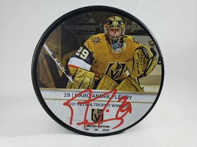 Marc-Andre Fleury Signed VGK 2021 Vezina Trophy Winner LE Puck Fanatics - Image 1 of 2