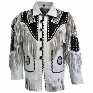 Men American Native Western Real Leather Cowboy Jacket Fringes & Beaded - White - Picture 1 of 5