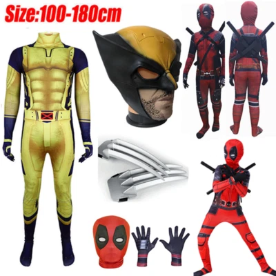 Kids Boys Mens Deadpool Wolverine Cosplay Halloween Costume Jumpsuit Mask Claws - Image 1 of 4