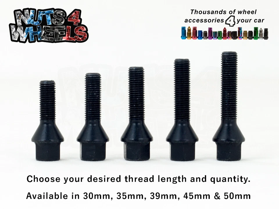 M12x1.5 Extended Longer Black Wheel Bolts fits BMW VW AUDI SEAT VAG Mini 60° - Image 1 of 1