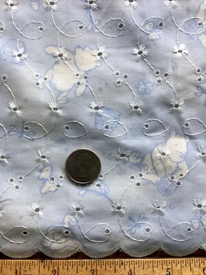 WINNIE the Pooh EYELET Scallop Fabric Embroidered Pastel Blue  Cotton Disney - Image 1 of 4