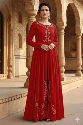 India Red Color Anarkali Style Georgette Gown Festive Wedding Party Dress - Image 1 of 2