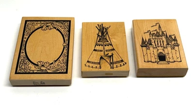 VINTAGE Lot of 3 Wood Mounted Rubber Stamps Teepee Castle & Ornate Frame - NEW! - Image 1 of 4