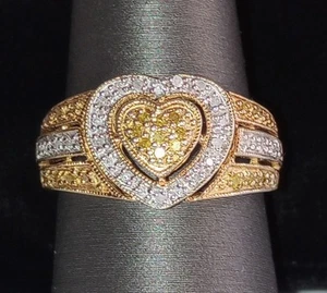 Genuine Yellow White Diamond Signed w/ Makers Mark & 925 Sz 7 Heart Halo Ring - Picture 1 of 24