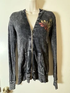 T Party Hoodie Top M Y2K Distressed Full Zip 2 Taschen Koi Fisch Grafik Grunge - Bild 1 von 11