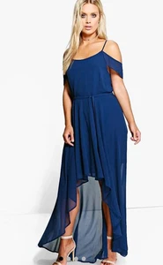 boohoo Plus Chiffon Frill Open Shoulder Dress Navy Size 16 New With Tags - Picture 1 of 10