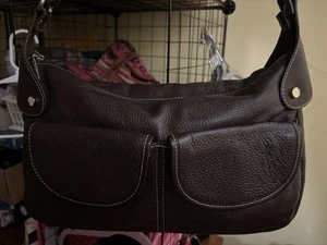 Bolso de hombro Maxx New York cuero marrón barril herrajes plateados forro a rayas Y2K - Imagen 1 de 11