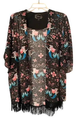 Disney Little Mermaid Ariel Watercolor Kimono Swim Cover Up Pool Beach Fringe M - Image 1 of 4