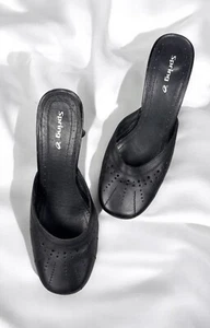 Black Leather Round Toe Heels Mules Backless 90s Y2K Dressy Summer Casual 8/8.5 - Picture 1 of 6