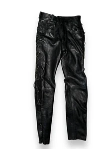 vtg 80s FIRST GENUINE LEATHER Motorcycle Pants Black Lace-Up Side Seam size 30 - Picture 1 of 12